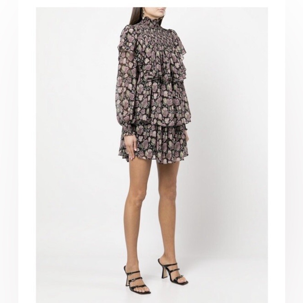 Cinq A Set Drew Floral Leave Printed Dress Mini Ruffle Brown‎ Multi Size 8